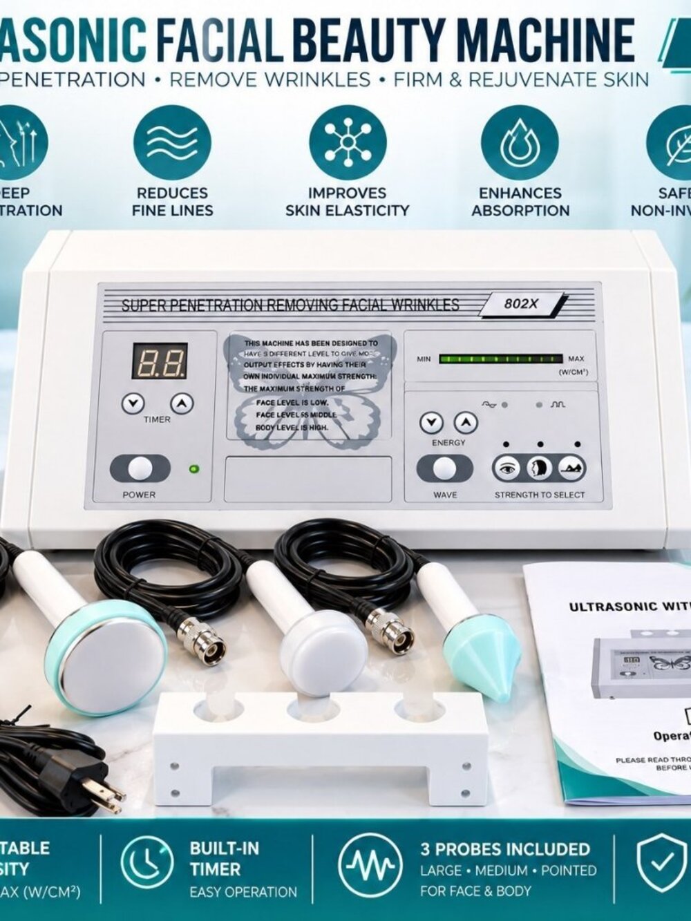 Ultrasonic Facial Beauty Machine 802X 3 Probes Professional Spa Skin Care Device